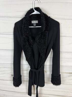 GAS Sweaters Vintage Black Ribbed Knit Cardigan with Faux Fur Collar and Cuffs